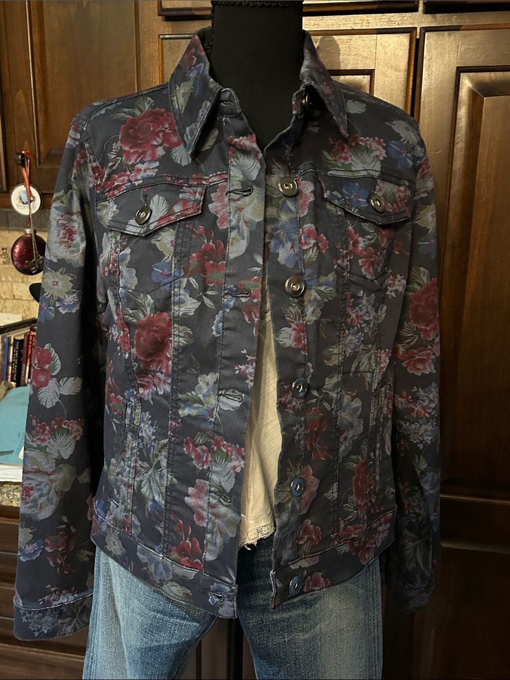 Y2K Baccinni Sz L Floral Print Women's Denim Jacket - Navy
